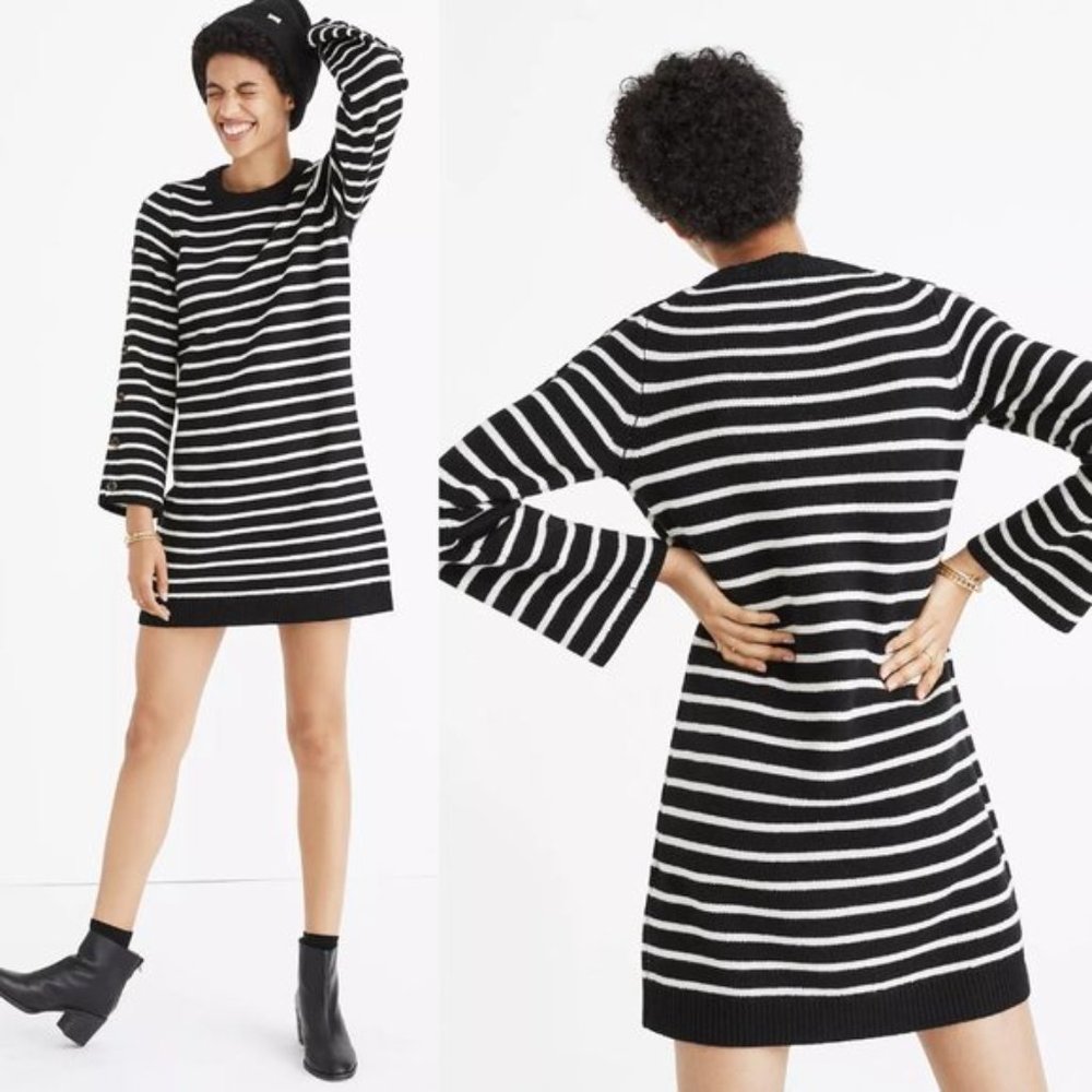 Madewell Black Merino Wool Striped Sweater Dress